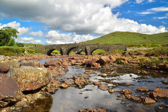 Picturesque old Sligachan bridge and river, Isle of Skye, Scotland