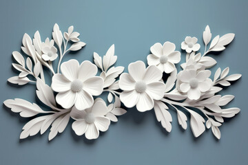 Paper cut flowers, gypsum plaster modelling blooming composition on blue background. Origami handmade craft art