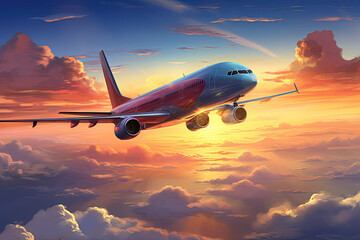 Illustration of a modern airplane in the sky at sunset.