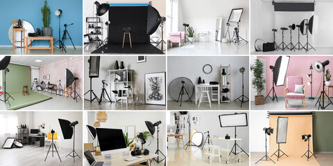 Group of modern interiors of photographer's offices and studios