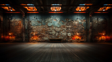 zniszczone pomieszczenie z drewnianą podłogą w nieczynnej fabryce, koncepcja tła dla pokazów przedmiotów i ludzi