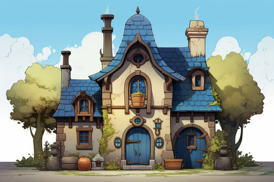 Charming cartoon cottage beautiful exterior in a suburban village. Fairy tale concept