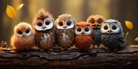 illustration Cute and funny owlets. Animal world. Generative AI