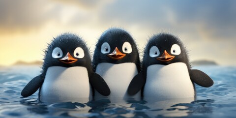 Cute and funny penguins winter, cartoon. Animal world. Generative AI