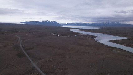 The Hagavatn Lake in the Highland south of Langjokull glacier. Hvitarvatn is a glacier lake in the Icelandic Highlands, feeding the glacier river Hvita in South Iceland.