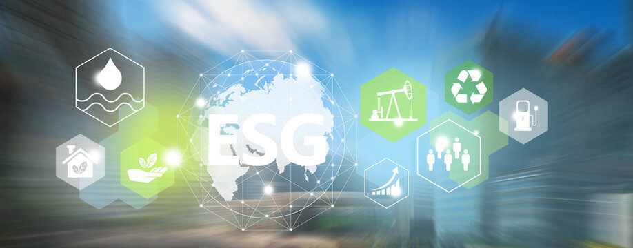 Graphic resources for sustainable development. Ecology icons with ESG sign and planet Earth illustration. Motion blur of futuristic city.