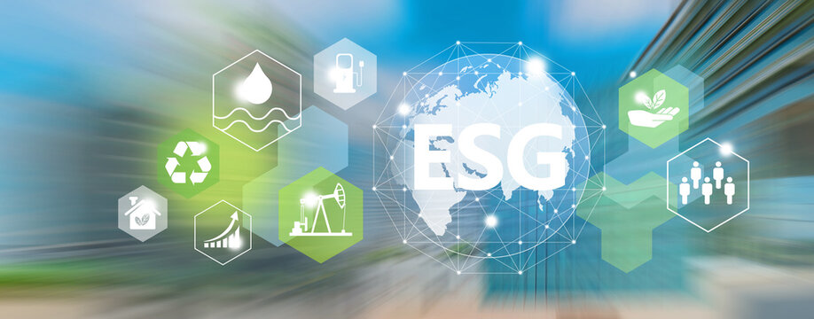 Graphic resources for growing economy and technology. Ecology icons with ESG sign and planet Earth illustration. Motion blur of business city on the background.