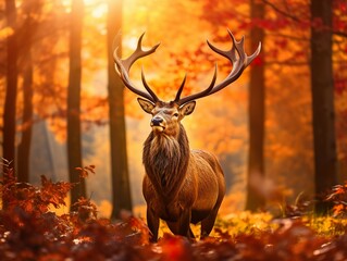 The Taurus elk with broad, large, and branched antlers in a autumn background