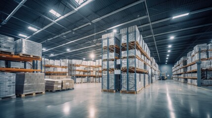A large warehouse with numerous items. Rows of shelves with boxes.  Logistics. Inventory control, order fulfillment or space optimization. Illustration for advertising, marketing or presentation.