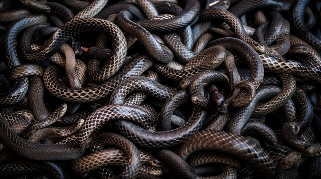 Snakes starts in the spring mating season. Many snakes gathered in the tangle. Illustration for cover, card, postcard, interior design, decor or print.