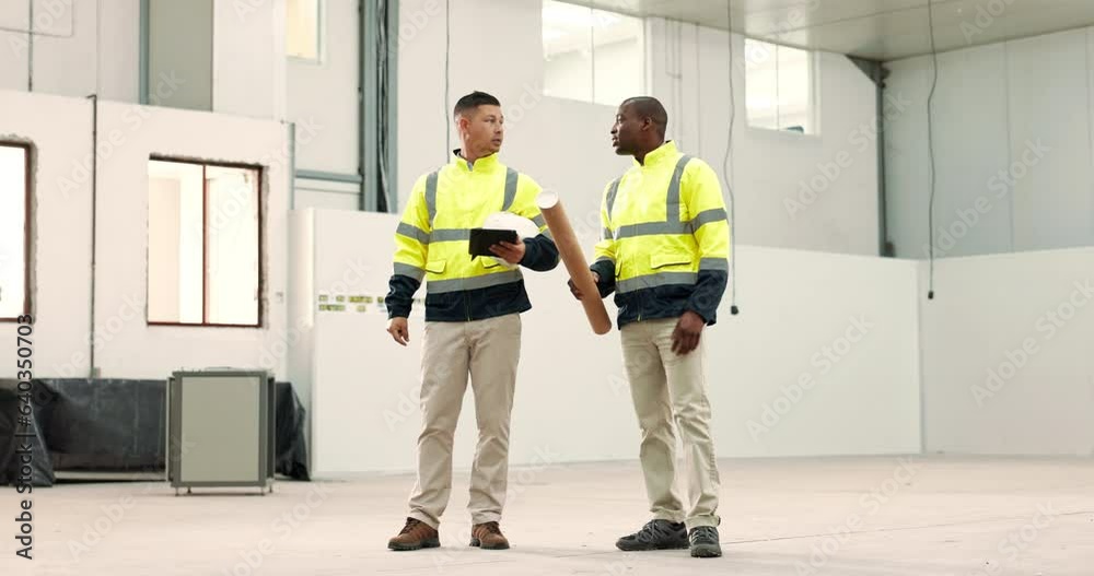 Aufkleber construction, engineering and men in warehouse on tablet for planning, maintenance and property deve