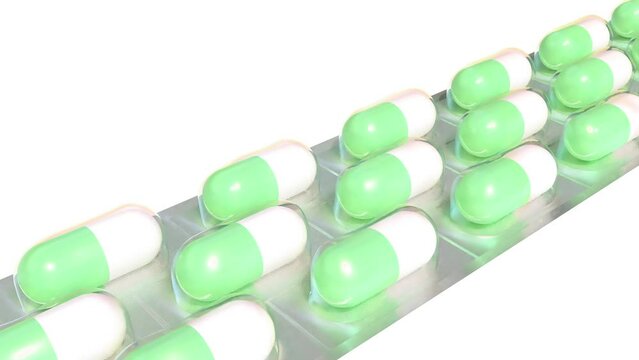 Blister pack of green and white capsules intro able to loop seamless 4k