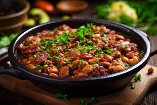 Cowboy Beans Casserole with Bacon, Ground Beef & Spicy Sauce. Closeup Horizontal Shot of Tasty and Vegetarian Bean Dish with Green Accents