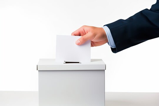 Election Vote Concept: Caucasian Hand Holding Ballot Paper Against Isolated Background