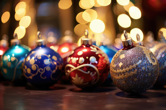 image of beautiful and shiny Christmas tree decorations, with colorful glitter in the background, Disney style.