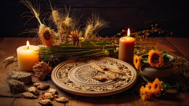 Wiccan Lammas Altar with Wheat Ears, Homemade Bread, and Apple for Pagan Festival of Lughnasadh. Celtic Symbol of Summer Season on Dark Background