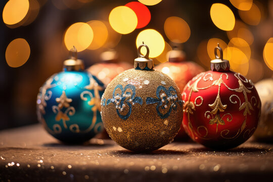 image of beautiful and shiny Christmas tree decorations, with colorful glitter in the background, Disney style.