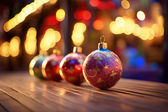 image of beautiful and shiny Christmas tree decorations, with colorful glitter in the background, Disney style.