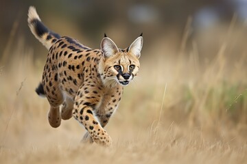 Female Serval in captivity plays at hunting with her keeper. Generative AI