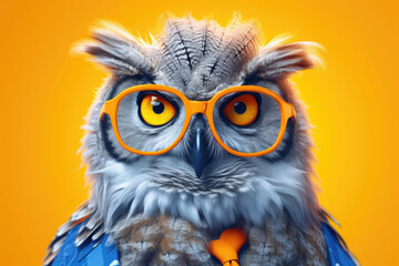 Portrait of intelligent owl wearing a pair of glasses and a tie. Bright colors. Generative AI