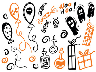 Halloween set - ghost, gift, candy, potion jars, halloween balloons. Vector illustration. Template for banner, poster, flyer, greeting card.