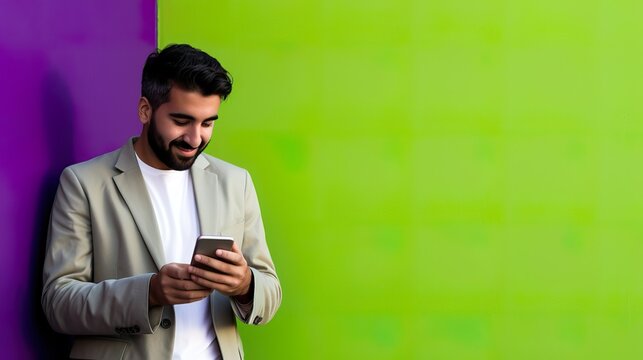  Man Holding Phone Against Purple and Lime Green  Wall. Generative AI.