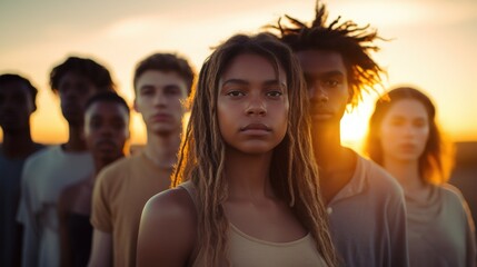 Multi-ethnic young females and males stand behind each other against sunrise closeup. Multiracial youth looks ahead seriously. Equality of races and nationalities concept on blurred background