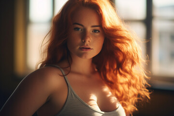 Fototapeta premium Beautiful young woman redhead, curly hair, plus size body positive female doing sports in the gym with hair blowing in the wind on the Sunset