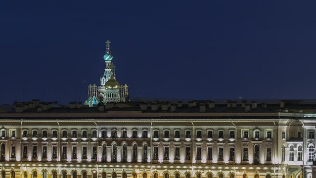 Aerial timelapse showcasing the Palace waterfront, Winter Palace, and the backdrop of Church of the Savior on Spilled Blood. Viewed from a rooftop, captivating perspective of St. Petersburg, Russia