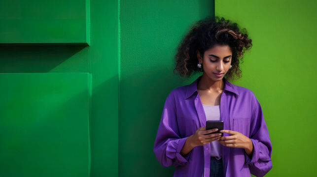 Woman with Phone by Lime Green Wall. Generative AI.