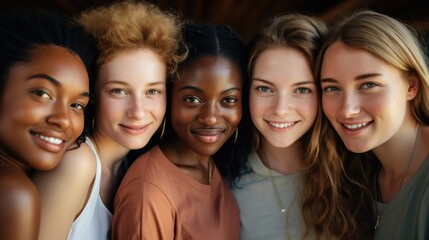 Obraz premium Group of young females of different skin tones and hair colors smiles happily standing side by side closeup. Friendly African American and Caucasian women show racial diversity on dark background