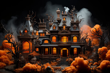 Haunted castle in a foggy Halloween night.