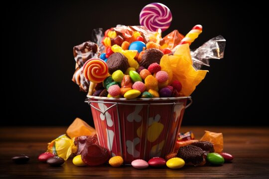 Candy bucket filled with sweets. Halloween treats. - Powered by Adobe