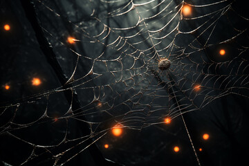 Happy halloween flat lay mockup with spiders, decoration and spider web on black background.