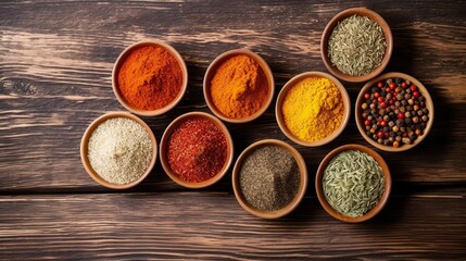 Assortment of spices and seasonings on a wooden table, top view © Georgina B