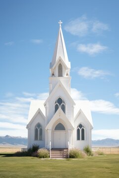 Exterior of little white country church building on a sunny day with white clouds