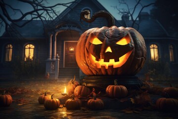 Jack-o-lantern glowing in front of a old haunted house at night. Decor for Halloween.