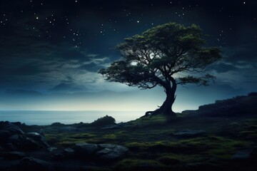 Fototapeta na wymiar Magic lone tree with hanging moss on a moonlit night by the sea.