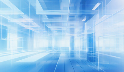 Obraz premium Futuristic interior space in blue hues and abstract square shapes, resembling hovering glass tiles. Minimalist and futuristic aesthetic. 