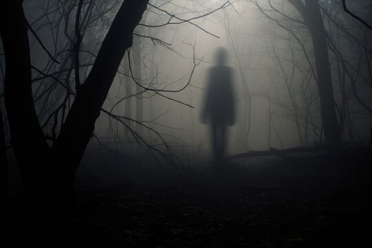 Silhouette of a creepy figure in a foggy forest.