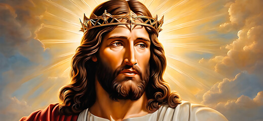 Portrait of Jesus Christ wearing his crown in painting style. - obrazy, fototapety, plakaty