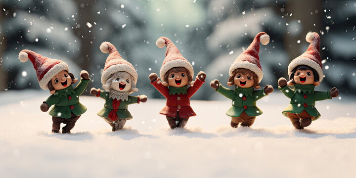 christmas elves happy in the snow