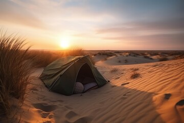 Fototapeta na wymiar Tent desert sunset. Generate Ai