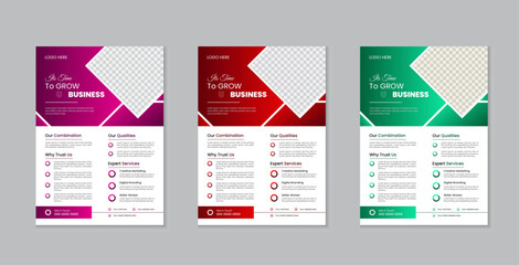 Corporate Creative Business Flyer Design Set with Purple, Red, Green Color Leaflet Layout For Business Promotion, Marketing and Presentation.

