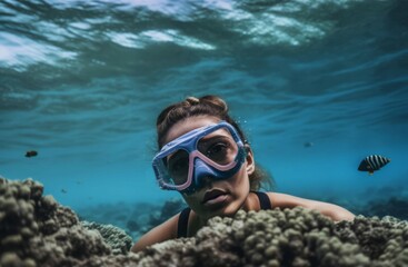 Naklejka na ściany i meble Underwater woman diving explore. Generate Ai