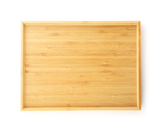 Empty wooden tray isolated on white background