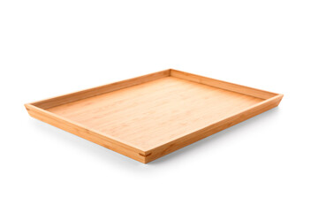 Empty wooden tray isolated on white background