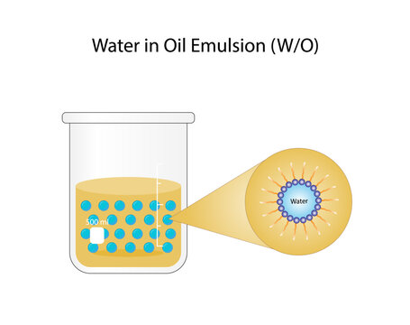 Emulsion, a mixture of two immiscible liquids (oil and water) in beaker, Emulsion water in oil, Immiscible liquids. Emulsification, emulsifier. isolated on white background. Vector illustration.
