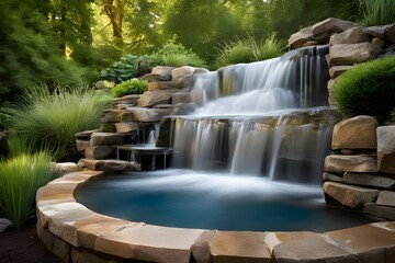 Picture a gentle cascade of water flowing from a modest height, its tranquil descent punctuated by a soothing, melodic sound as it delicately meets the serene pool below
