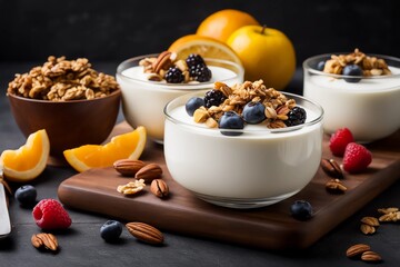Plain or flavored yogurt combined with granola, chopped fruit or nuts provides a blend of flavors and textures